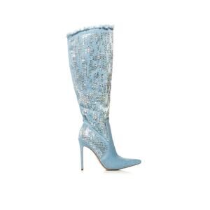 AZALEA WANG CARSYN DISTRESSED DENIM BOOT W/ GEM EMBELLISHMENT NWB US SZ 7